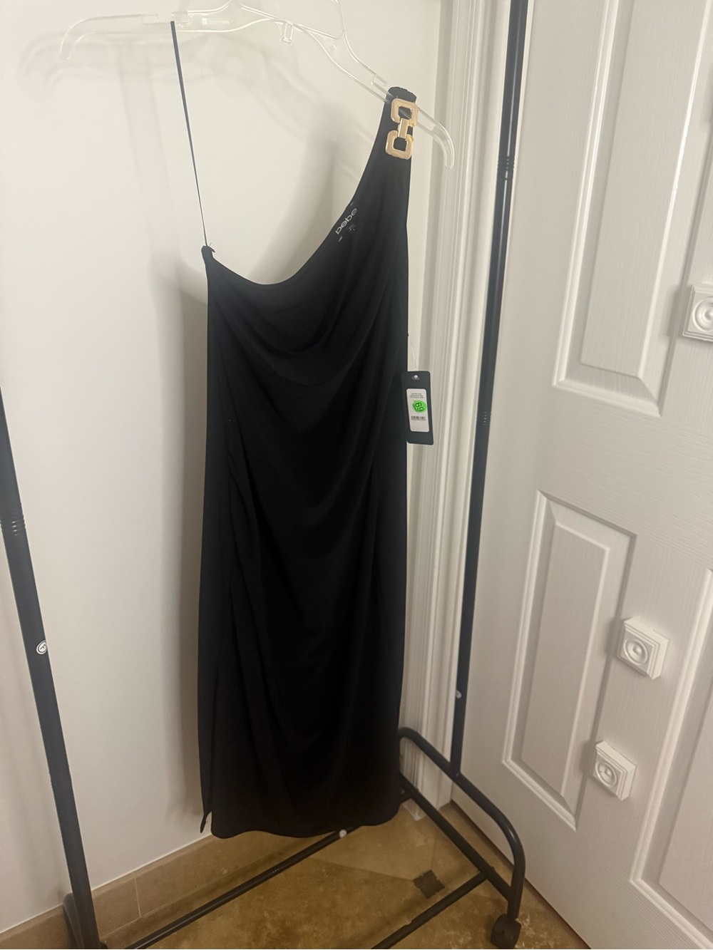 bebe One-Shoulder Black Draped Midi Dress with Gold Buckle